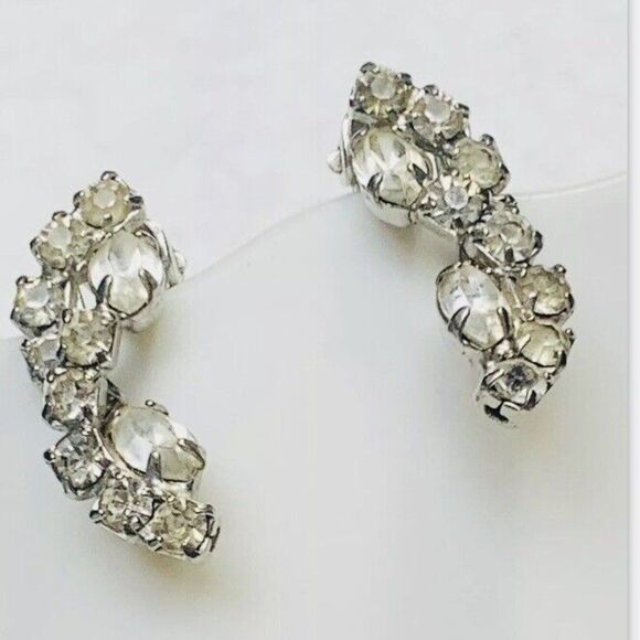 Vintage Crystal Shimmering Rhinestone Bling Sparkle Clip On Button Earrings - Picture 3 of 10